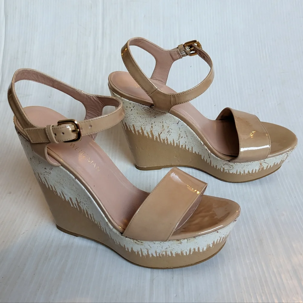 STUART WEITZMAN Bambina Aniline Single Sky patent leather platform wedge sandals